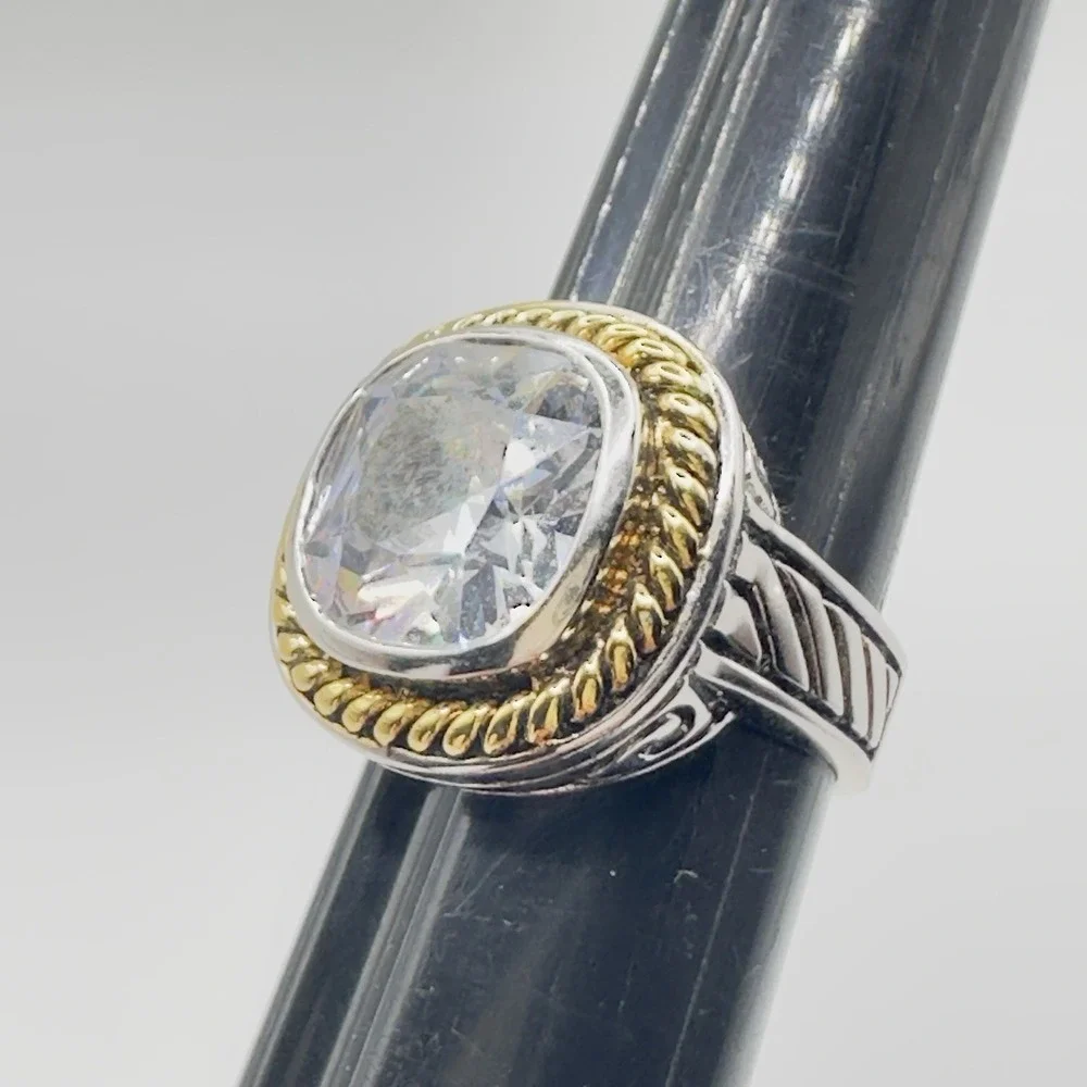 Designer Inspired Statement Ring Large CZ Silver Tone Gold Tone Rope Accent 7.25